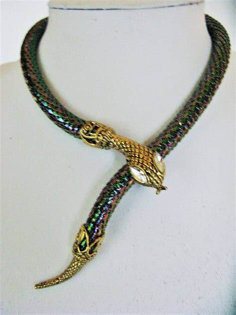 Vintage Snake Necklace Choker Collar Shimmering Petrol Adjustable Mesh