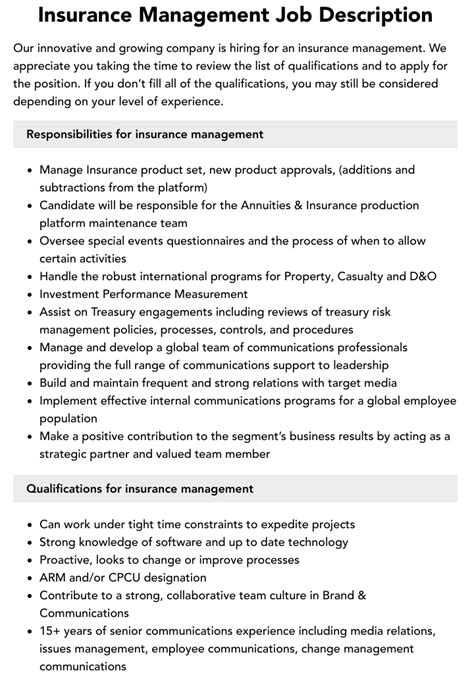 Insurance Management Job Description | Velvet Jobs