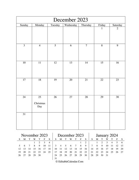 Editable Calendar December 2023