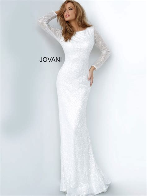Jovani 2927 White Boat Neck Long Sleeve Evening Dress