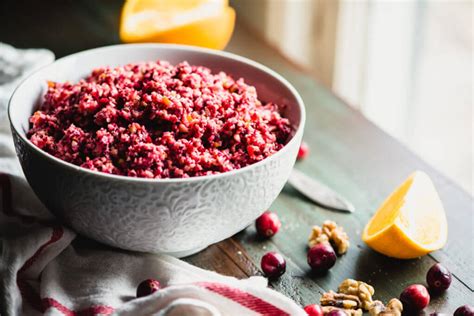 For an easy fruit relish to pair with a turkey dish like turkey couscous meatloaves, simply spruce up canned cranberry sauce with apples, walnuts, and chives. Cranberry Orange Relish with Walnuts Recipe - Stupid Easy Paleo