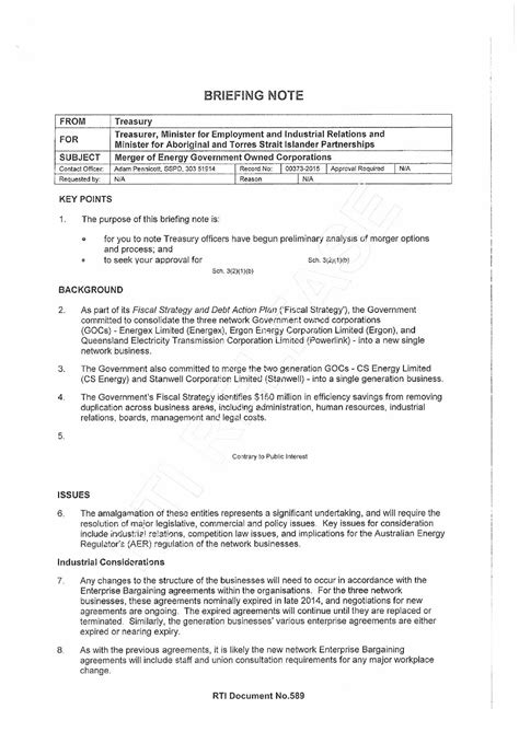 Example Briefing Note Briefing Note From Treasury For Treasurer