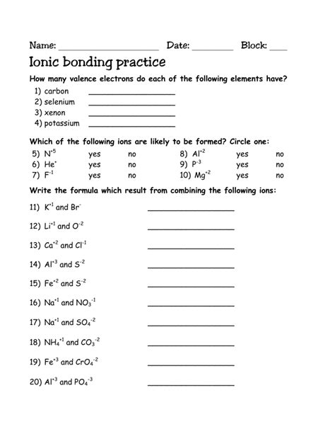 Chemical Bonds Ionic Bonds Worksheet