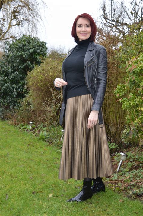 Bronze Faux Leather Pleated Skirt And Patent Boots Link Up