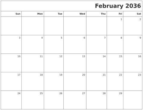 February 2036 Printable Blank Calendar
