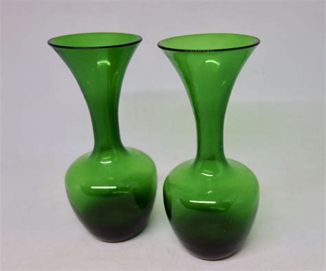 Pair Of Emerald Green Glass Vases Two Small Green Glass Etsy Australia Green Glass Vase