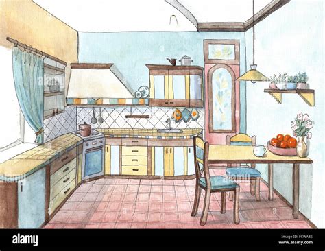 Interior Of A Kitchen In Watercolor Stock Photo Alamy