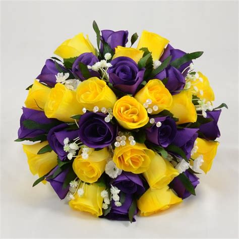 Purple And Yellow Rose Brides Posy With Crystal Stems Artificial