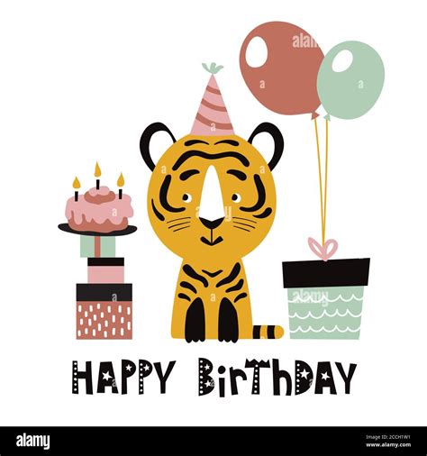 Cute Tiger Happy Birthday Cartoon Vector Illustration Stock Vector