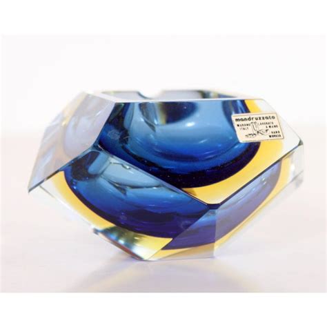Mid Century Modern Blue And Yellow Murano Sommerso Faceted Art Glass Ashtray By Alessandro