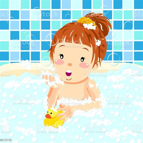 Girl In Bubblebath With Rubber Duck Stock Illustration Download Image Now Bubble Bath