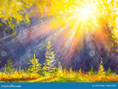 Sunset Forest Landscape Watercolor Painting Stock Illustration