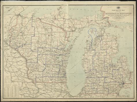 Post Route Map Of The States Of Michigan And Wisconsin With Adjacent
