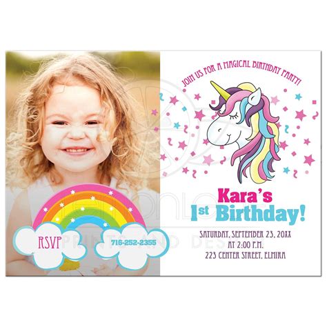 Add the unicorn rainbow birthday invitations card to your girl's party. Unicorn Birthday Photo Invitation Card