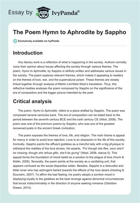 The Poem Hymn To Aphrodite By Sappho 861 Words Critical Writing
