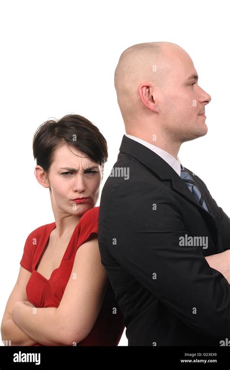 Woman And Man Standing Back To Back Isolated On White Background Stock