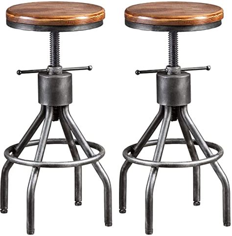 Lokkhan Set Of 2 Industrial Bar Stool Vintage Adjustable Round Wood