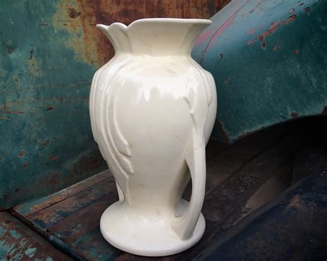 Vintage Matte White Pottery Vase With Handles Stamped Usa 48 Wedding Decor White Vase