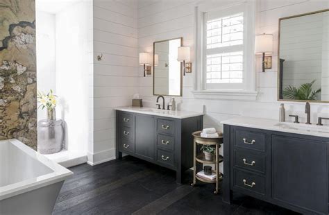 Black Bathroom Vanity With Gold Mirrors Transitional Bathroom