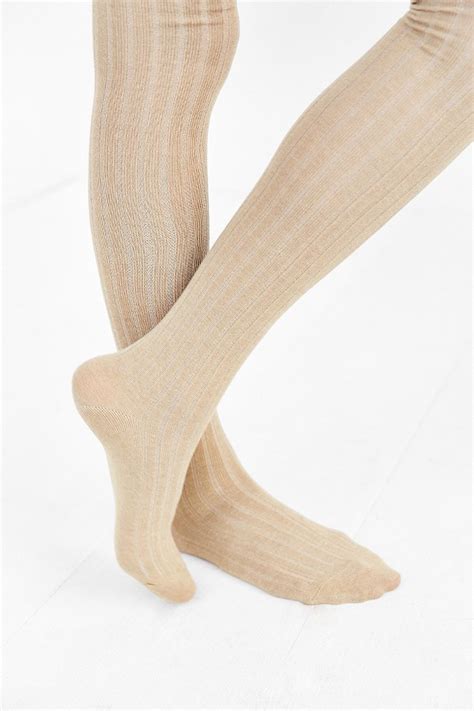urban outfitters synthetic ribbed scallop thigh high sock in natural lyst