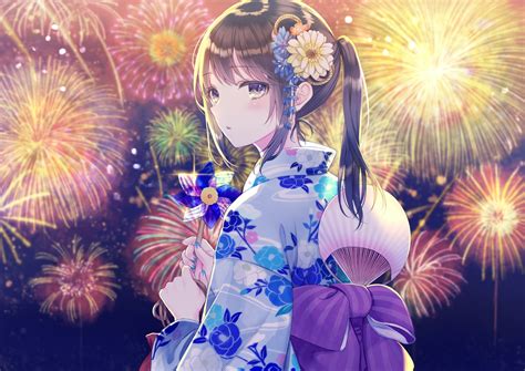 Wallpaper Fireworks Anime Festival Anime Girl Kimono Brown Hair
