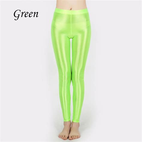 Buy Women Glitter Stockings Sexy Satin Glossy High Waist Yoga Leggings Nine Point Shiny Oily