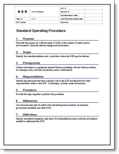 Standard Operating Procedure Template Word Business Form