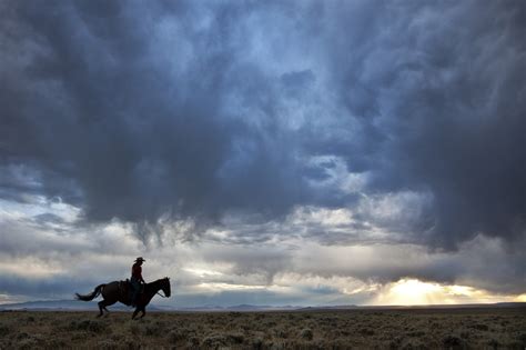 Cowboy And His Horse Riding The Prairie Range At Sunset By Skeeze