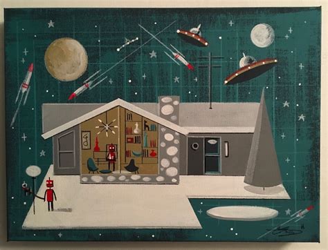El Gato Gomez Painting Retro Mid Century Modern Ranch House Robot Sci Fi Rocket Ebay Mid