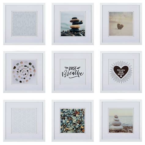 Set of 9 Piece White Square Photo Frames with Double White Mat Wall Gallery Kit. Includes ...