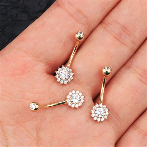 14k Solid Gold Cubic Zirconia 14g Belly Button Ring Floral Etsy