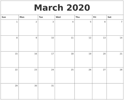 March 2020 Monthly Calendar