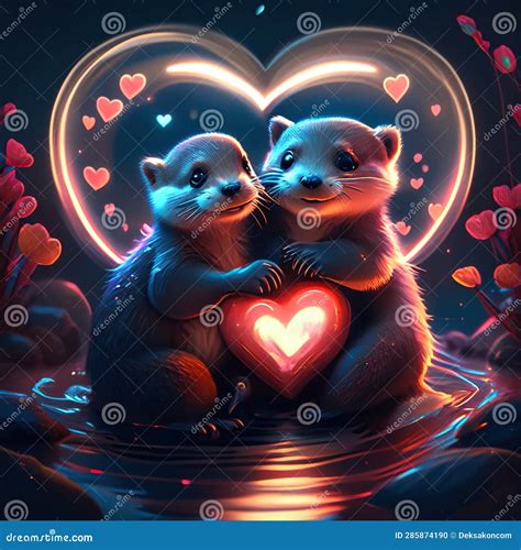 Otter Pups Hugging Heart Two Cute Otters In Love With Hearts On A Dark