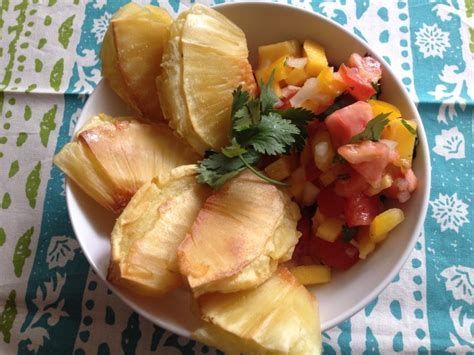 Breadfruit Tostones With Mango Salsa Kimchi And Beans