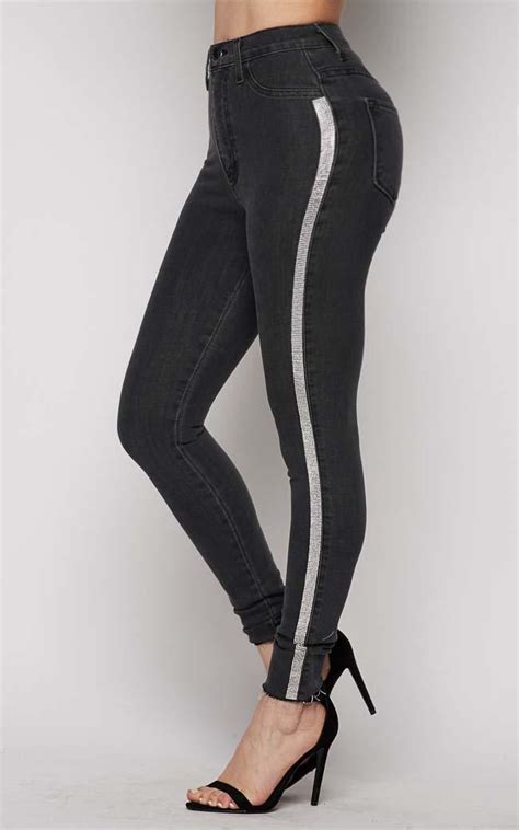 Vibrant Rhinestone Stripe High Waisted Denim Skinny Jeans Black