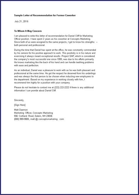 Letter Of Recommendation Sample For Former Coworker Letter Resume Template Collections