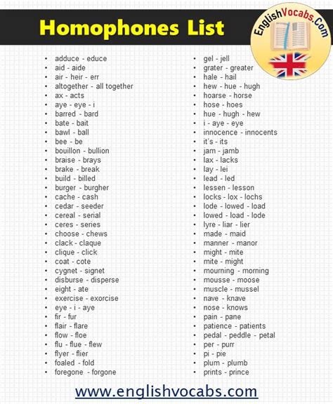1000 Examples Of Homophones Word List English Vocabs In 2021