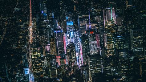 New York Dark City Night Lights Buildings View From Top 5k Hd World
