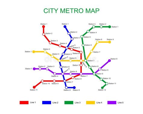 City Metro Map Template Subway Plan With 5 Colored Way Lines With