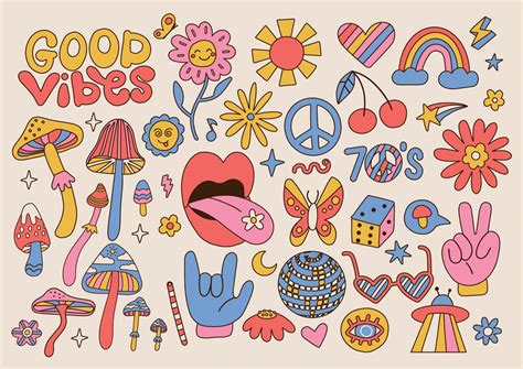 Big Set Of Retro 70s Groovy Elements Cute Funky Hippy Stickers