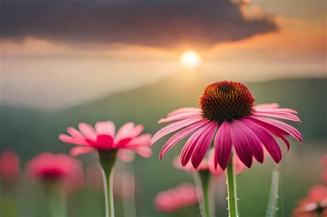 Premium Ai Image Pink Flowers In The Sunset
