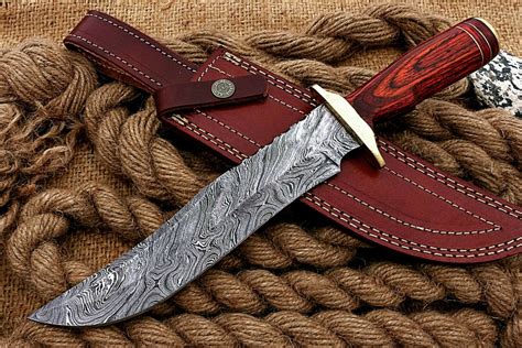 Custom Handmade Damascus Hunting Bowie Knife With Leather Sheath Nb