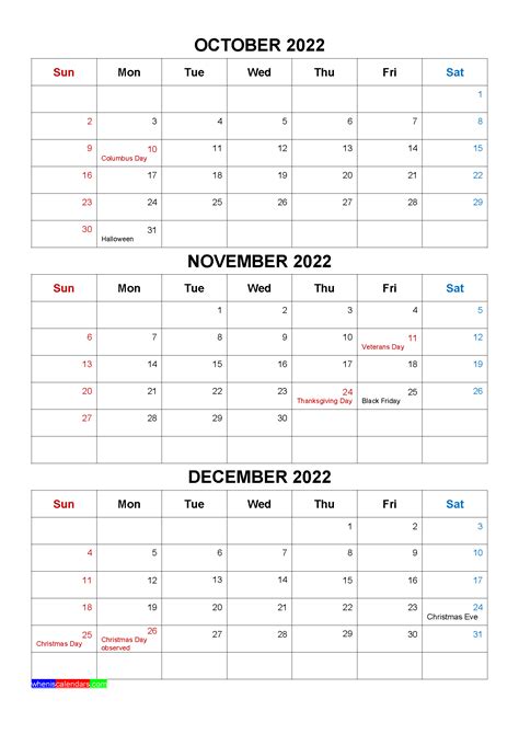 Printable October November December 2022 Calendar Template Word Pdf