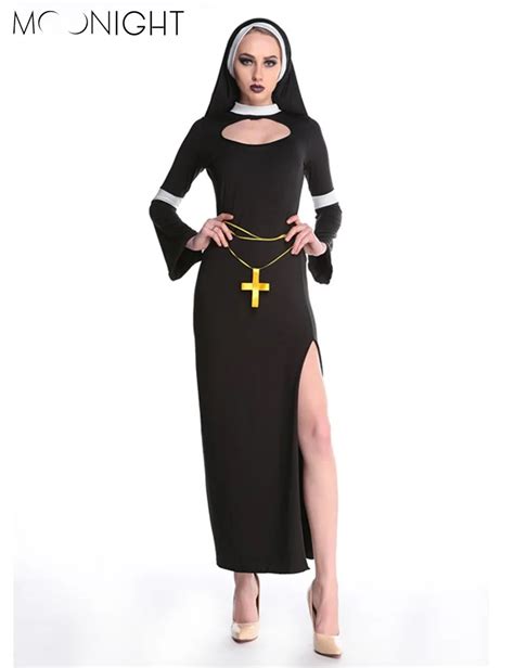 Moonight Sexy Nun Costume Adult Women Cosplay Dress With Black Hood Halloween Costume Cosplay