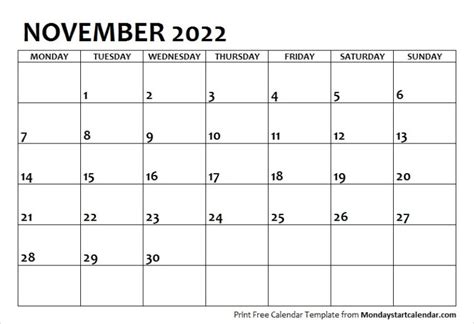 November 2022 Calendar Monday Start November Month Template