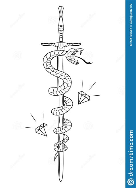 Sketch Of Sword And Snake Tattoo Vector Illustration Stock