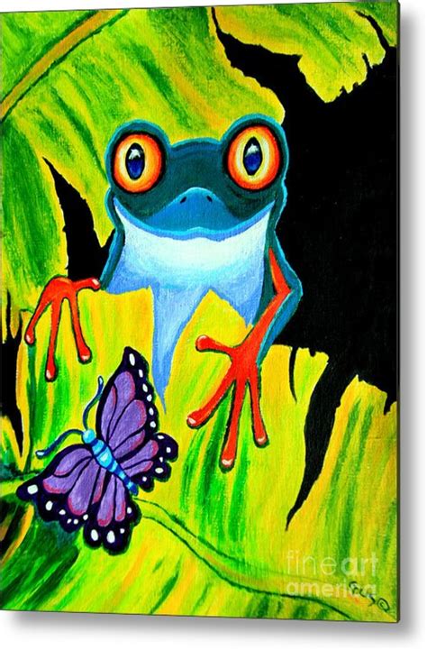 Red Eyed Tree Frog And Purple Butterfly Metal Print By Nick Gustafson