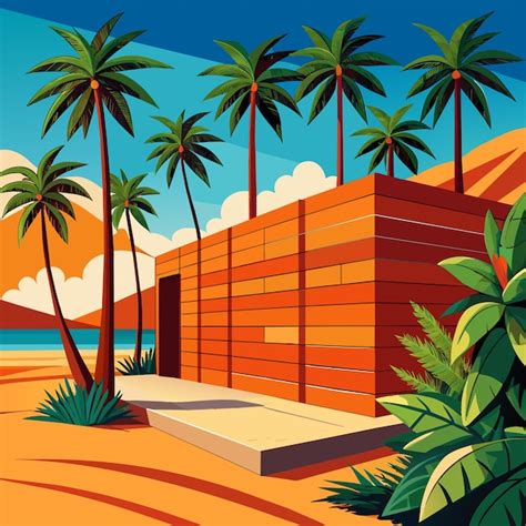 Una Pintura De Palmeras Y Una Pared Con Una Escena De La Playa Vector