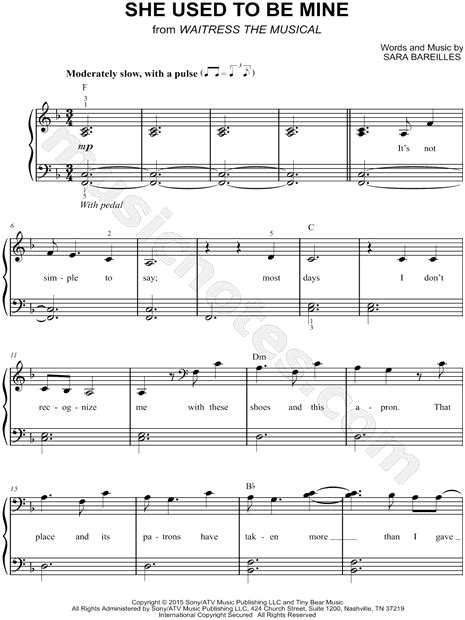sara bareilles she used to be mine sheet music easy piano in f major download and print