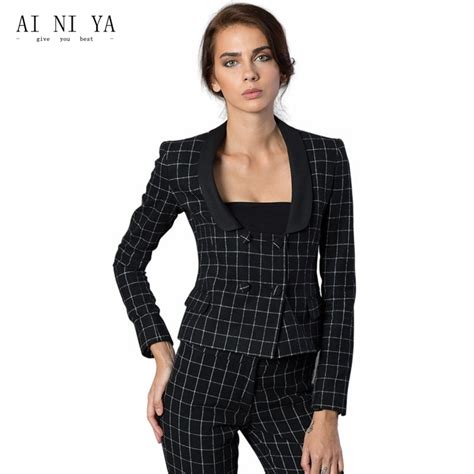 Black And White Plaid Pattern Women Business Suits Formal Office Suits